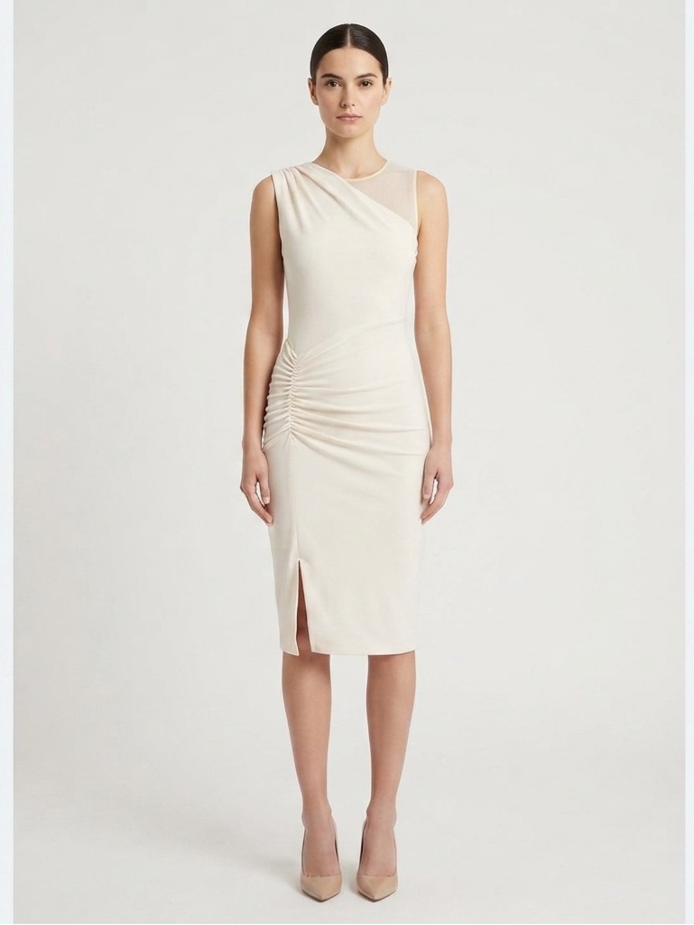 NWT Halston Heritage Cream Ruched Sheath Dress Size 0 Mesh Illusion $425
